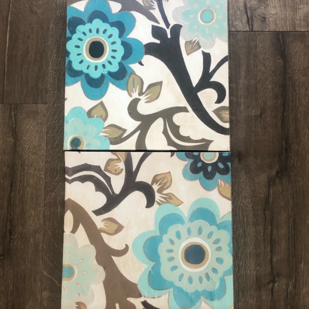 Set of 2 Teal & Brown Floral Wrapped Canvas